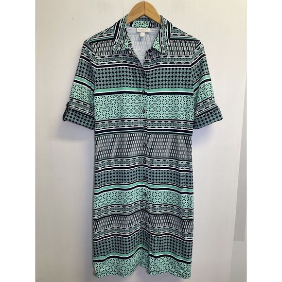 Charter Club Women's Petite PL Navy/Mint Print Short‎ Sleeve Shirt Dress Stretch - Picture 1 of 6